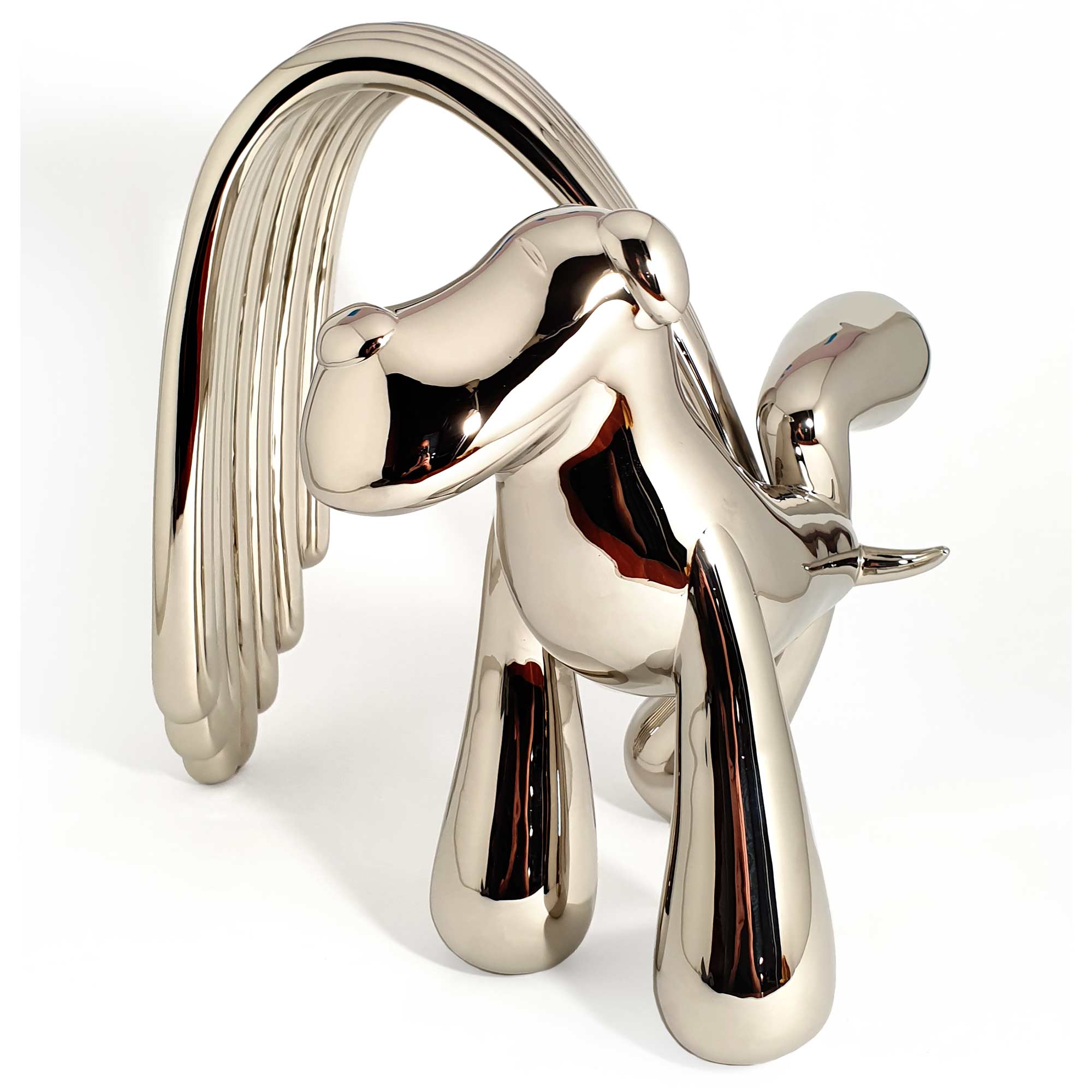 Over the Rainbow, dog sculpture, Mirror Polished Stainless Steel Sculpture, by artist Ferdi B Dick, sides views