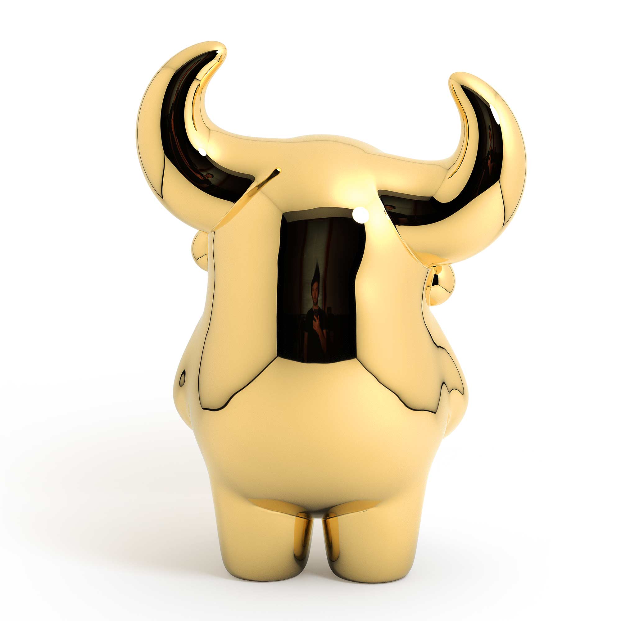 OX “prosperous” bull sculpture, gold plated Mirror Polished Stainless Steel Sculpture, by artist Ferdi B Dick, back view