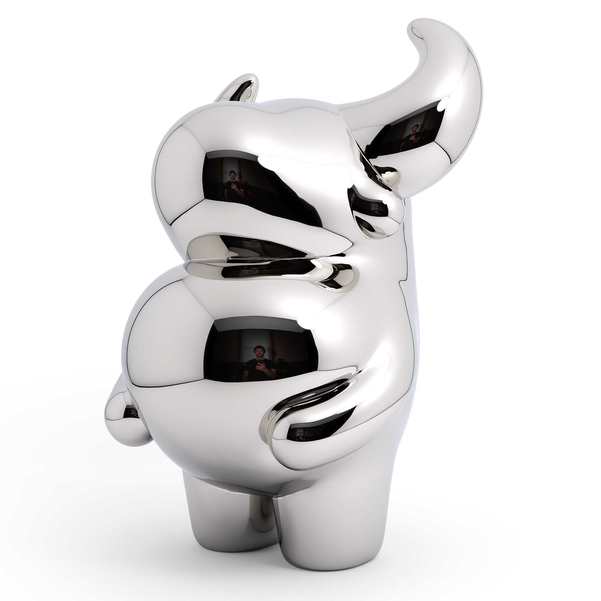 OX “prosperous” bull sculpture, Mirror Polished Stainless Steel Sculpture, by artist Ferdi B Dick, 45 degee angle view