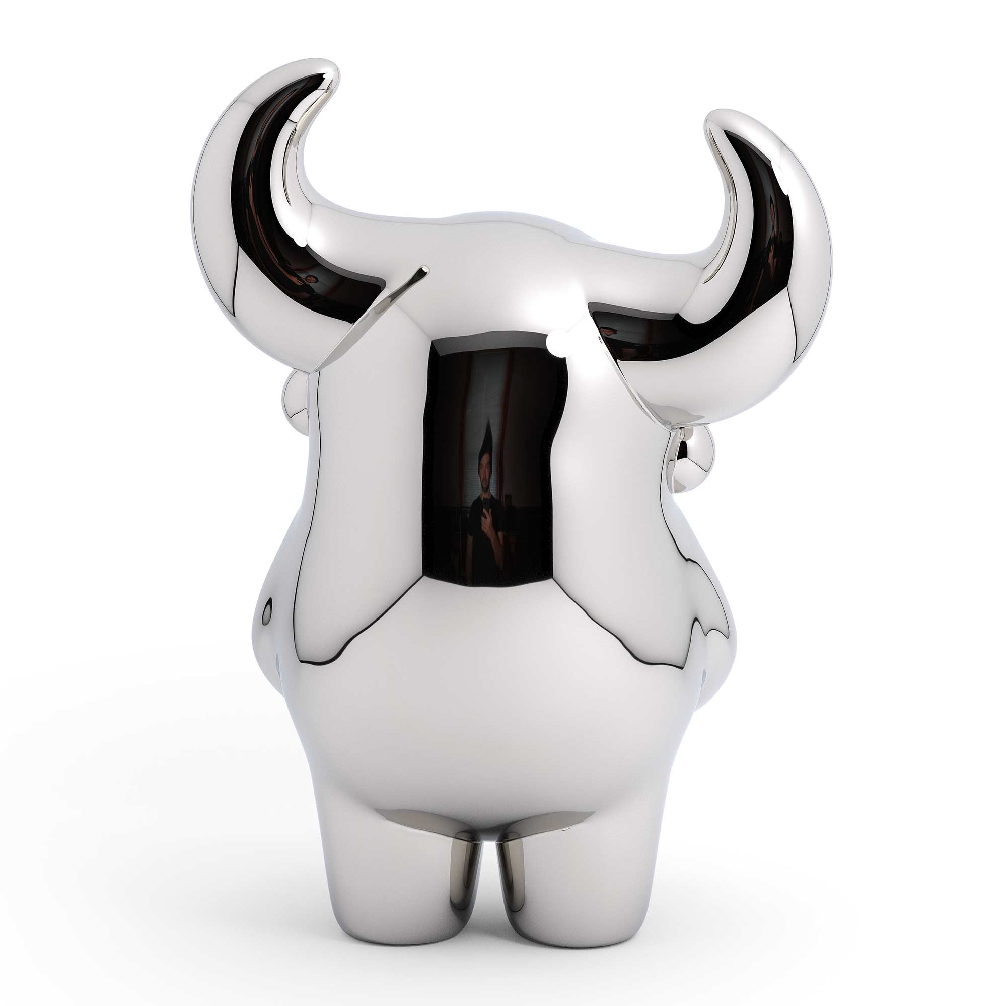 OX “prosperous” bull sculpture, Mirror Polished Stainless Steel Sculpture, by artist Ferdi B Dick, back view 