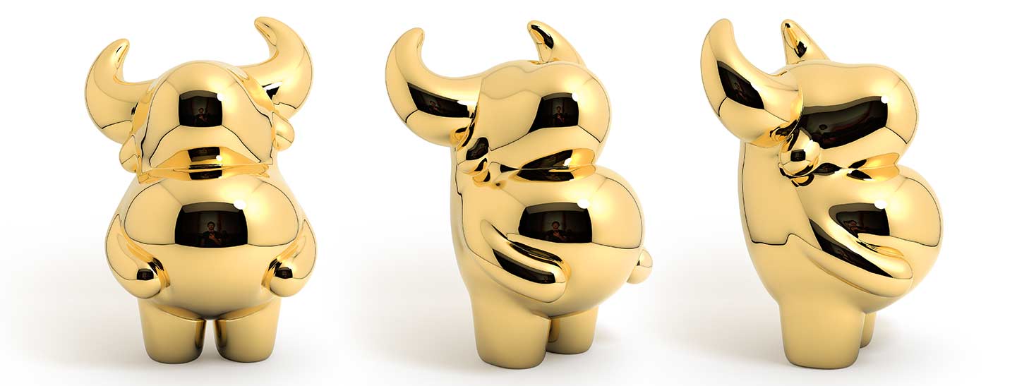 OX “prosperous” bull sculpture, gold plated Mirror Polished Stainless Steel Sculpture, by artist Ferdi B Dick, banner
