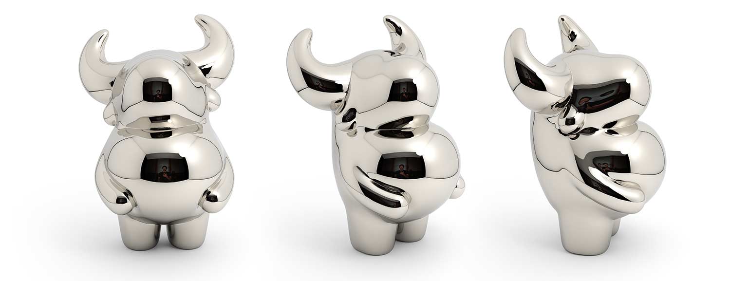 OX “prosperous” bull sculpture, Mirror Polished Stainless Steel Sculpture, by artist Ferdi B Dick, banner view 