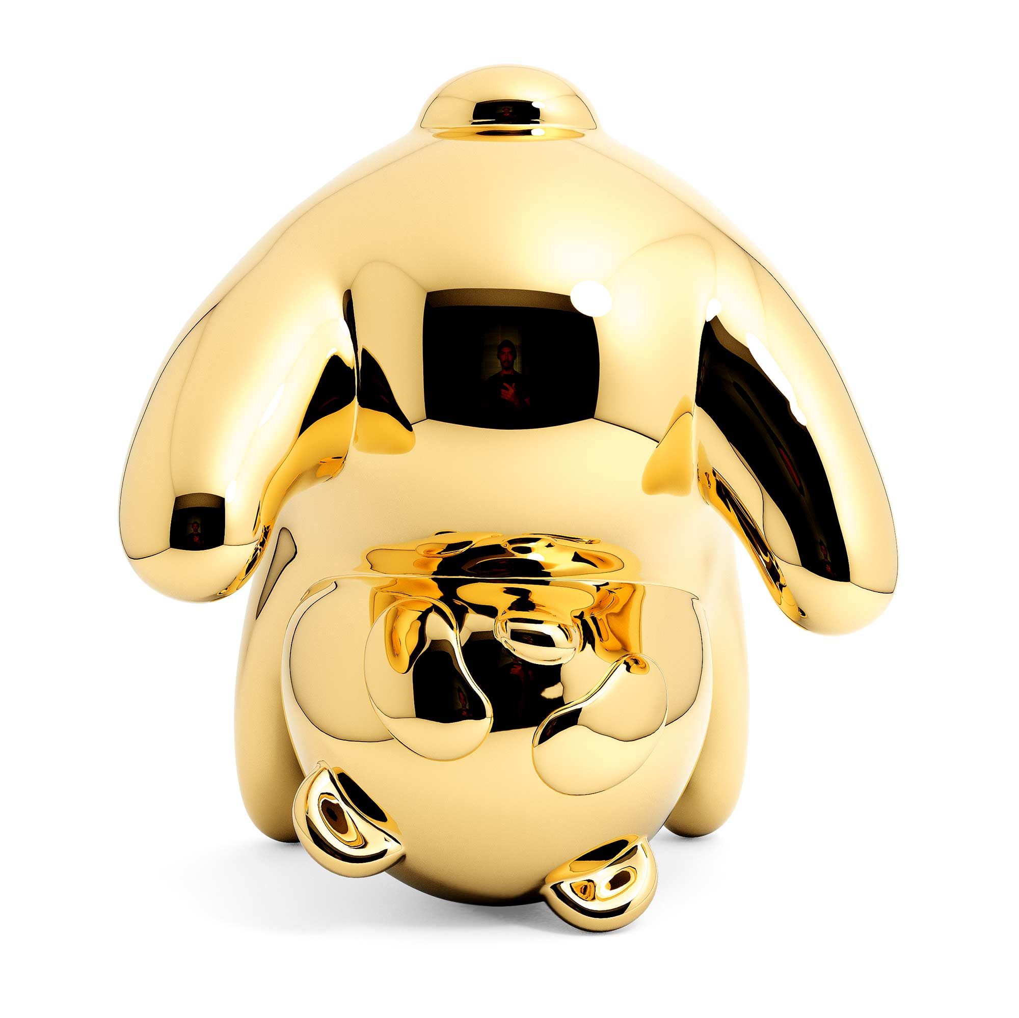 Panda-monium, gold coated Mirror Polished Stainless Steel Sculpture, by artist Ferdi B Dick, front view 