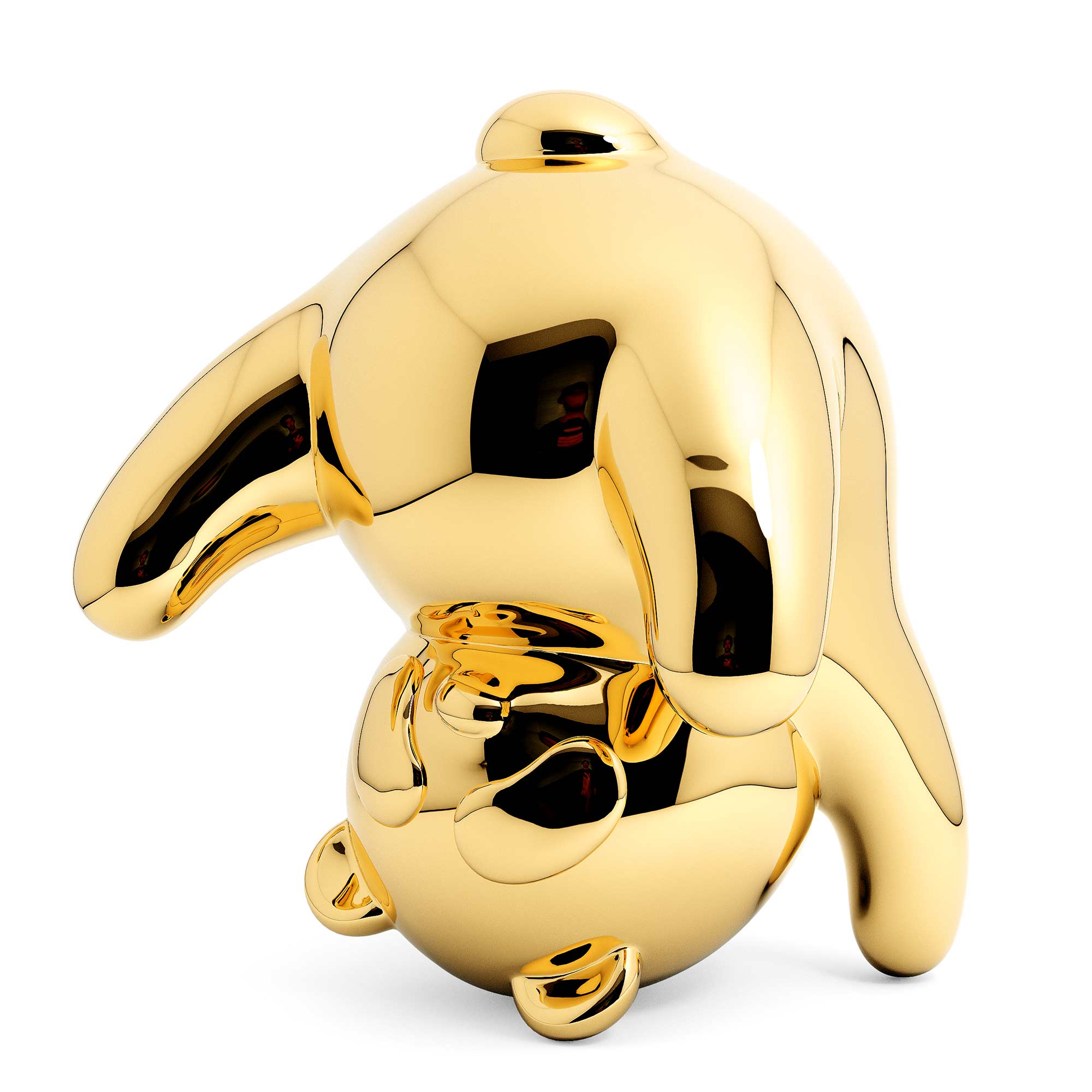 Panda-monium, gold coated Mirror Polished Stainless Steel Sculpture, by artist Ferdi B Dick, 45 view