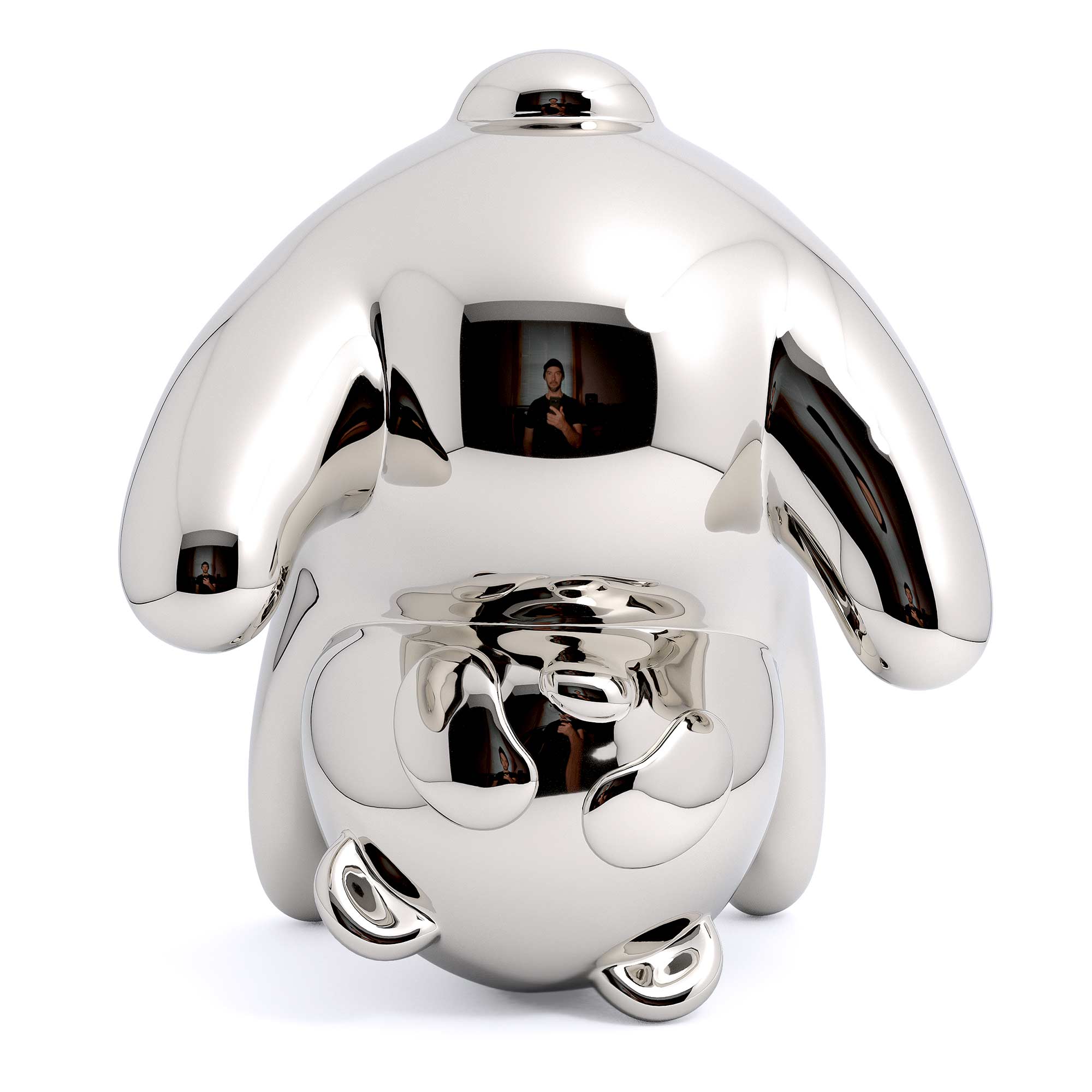 Panda-monium, Mirror Polished Stainless Steel Sculpture, by artist Ferdi B Dick, front view