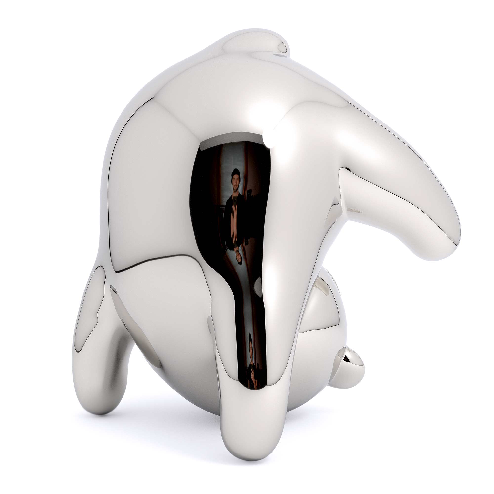 Panda-monium, Mirror Polished Stainless Steel Sculpture, by artist Ferdi B Dick, back 45 gegree