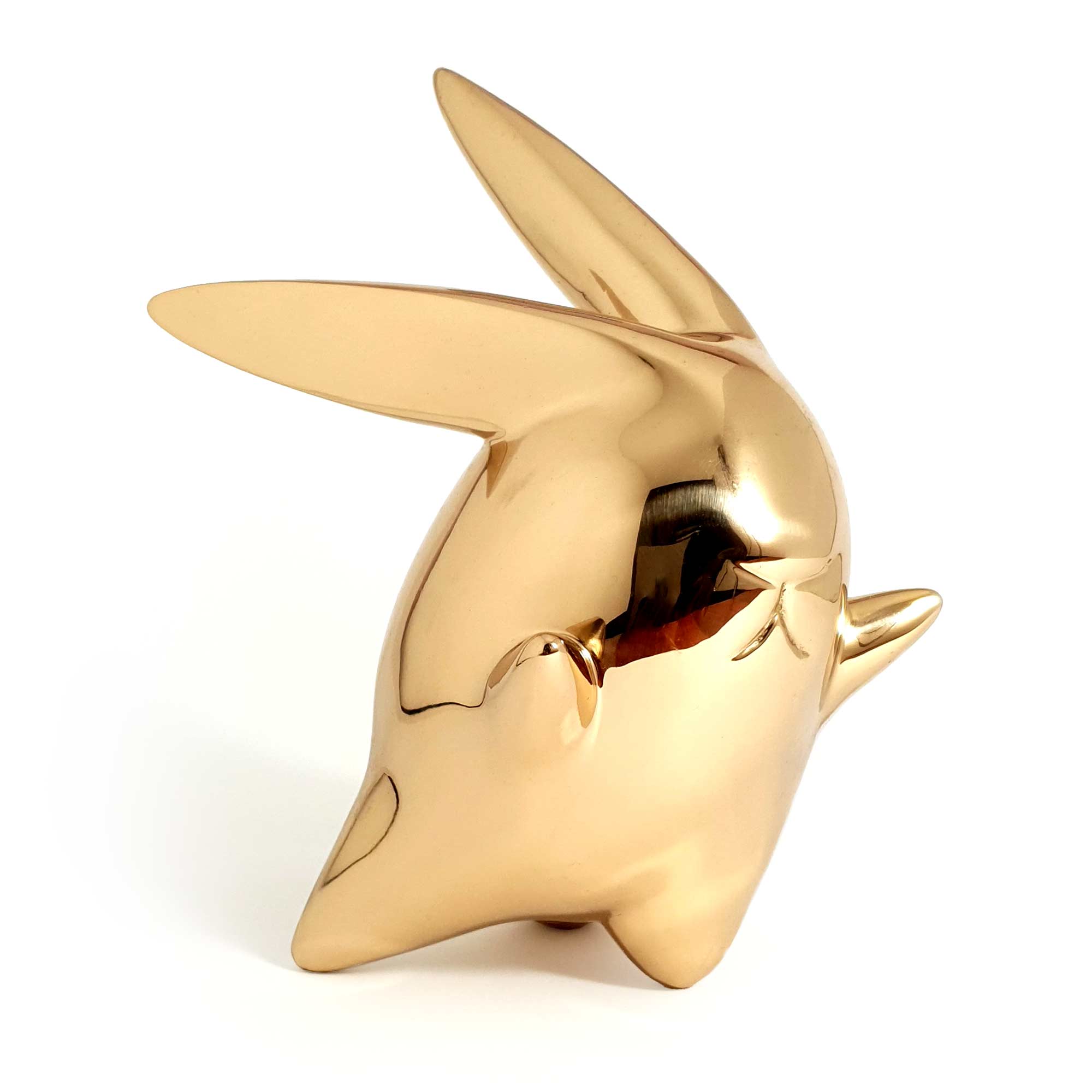 Flight or Fight, bunny rabbit sculpture, gold Mirror Polished Stainless Steel Sculpture, by artist Ferdi B Dick, hero view