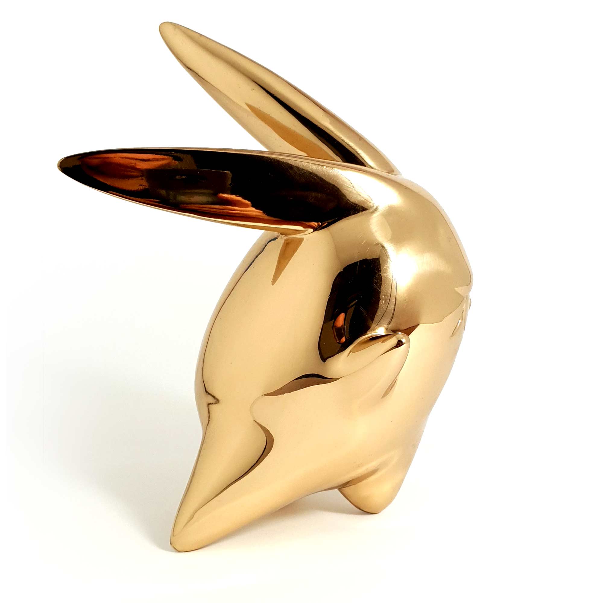 Flight or Fight, bunny rabbit sculpture, gold Mirror Polished Stainless Steel Sculpture, by artist Ferdi B Dick, side view