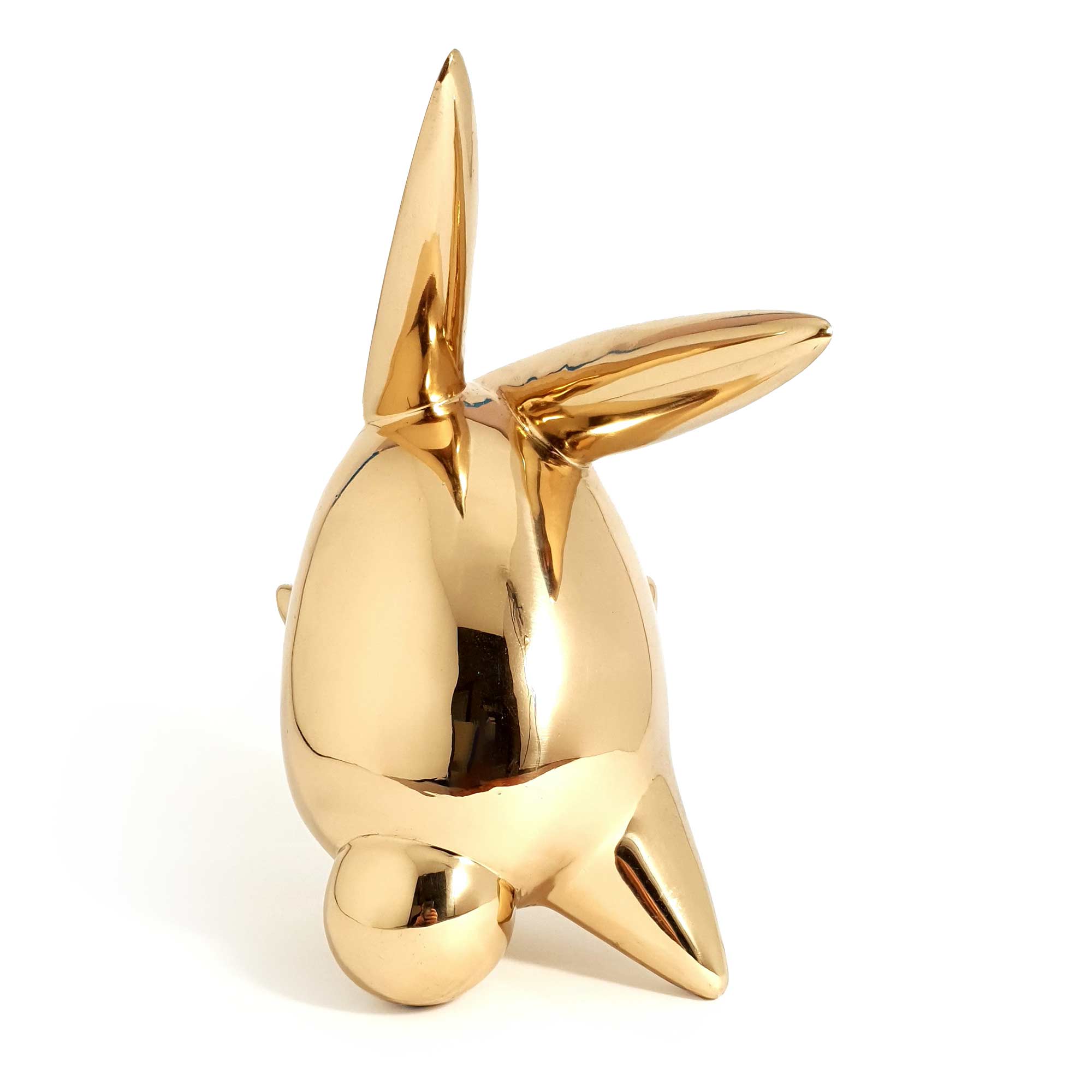 Flight or Fight, bunny rabbit sculpture, gold Mirror Polished Stainless Steel Sculpture, by artist Ferdi B Dick, back view 