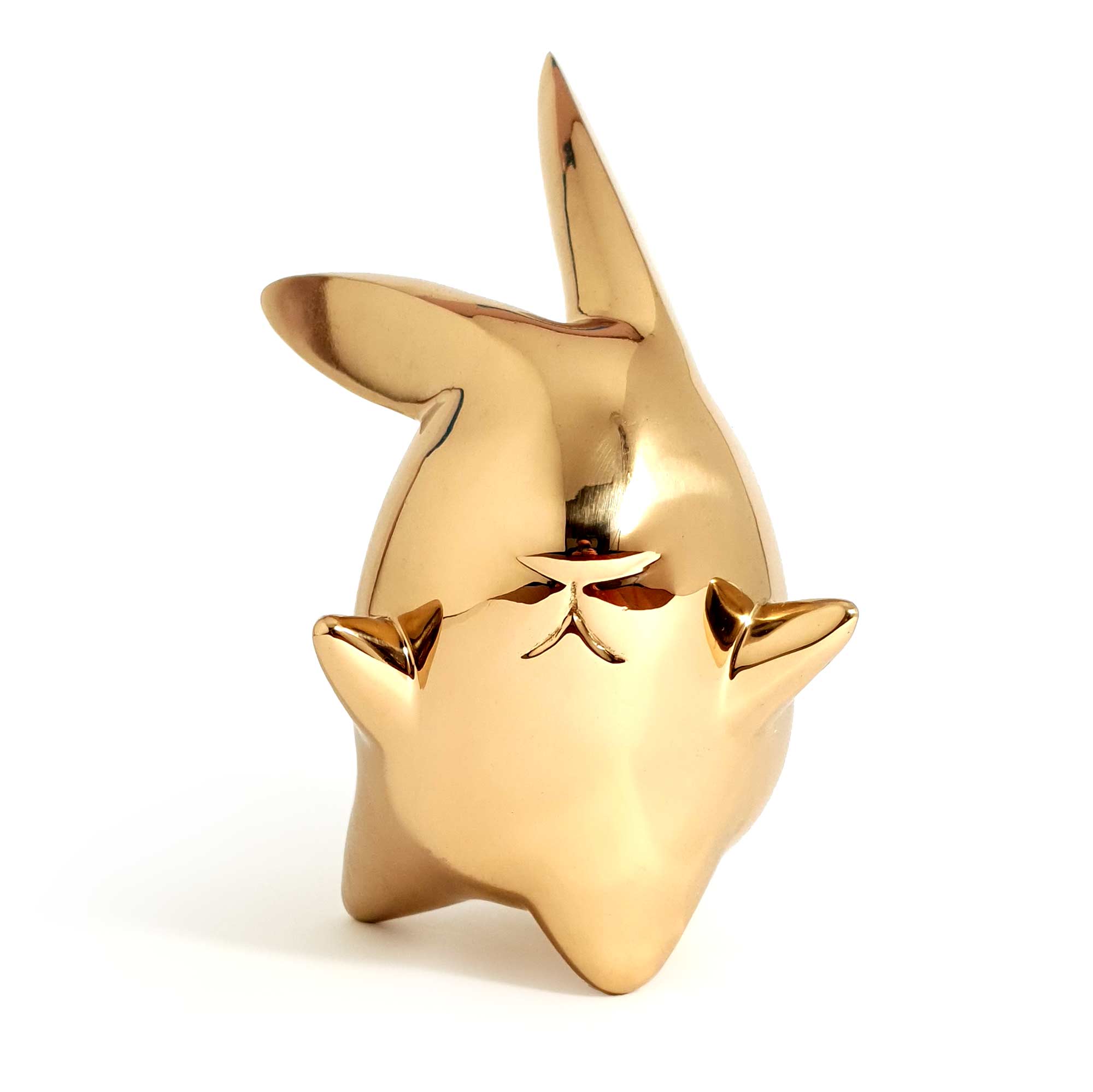 Flight or Fight, bunny rabbit sculpture, gold Mirror Polished Stainless Steel Sculpture, by artist Ferdi B Dick, front