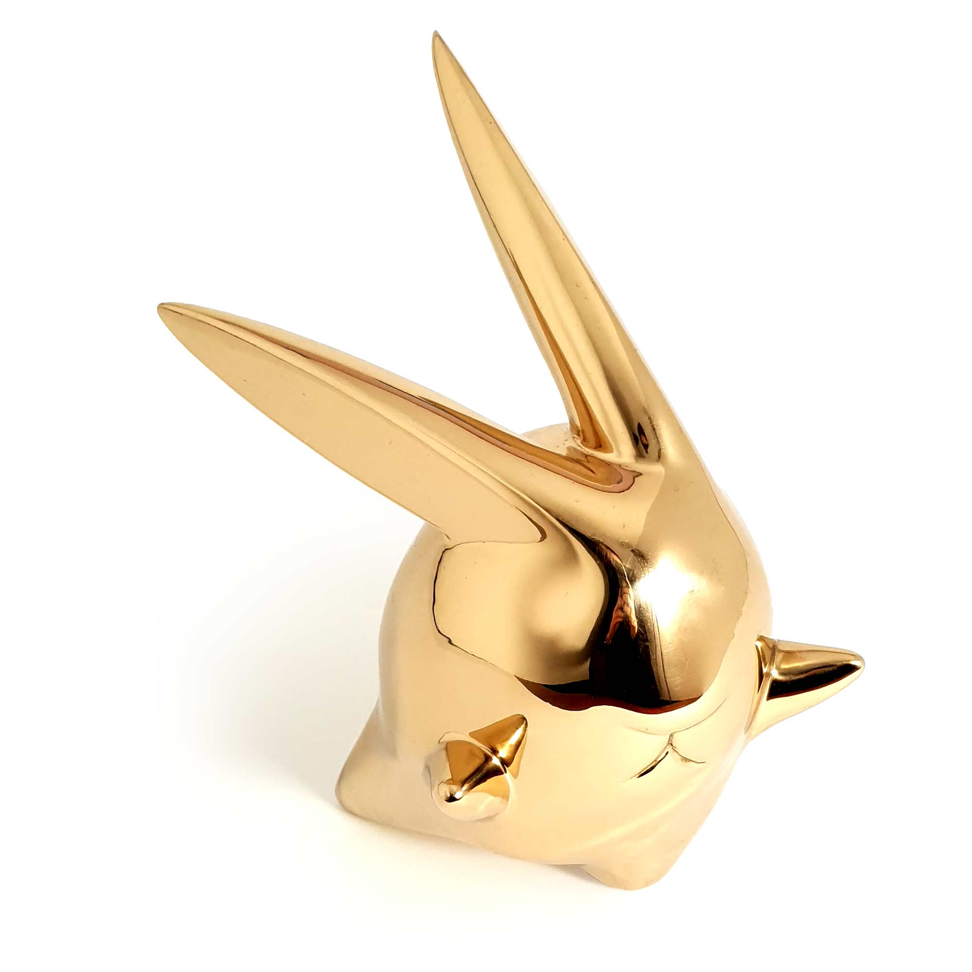 Flight or Fight, bunny rabbit sculpture, gold Mirror Polished Stainless Steel Sculpture, by artist Ferdi B Dick, top view 