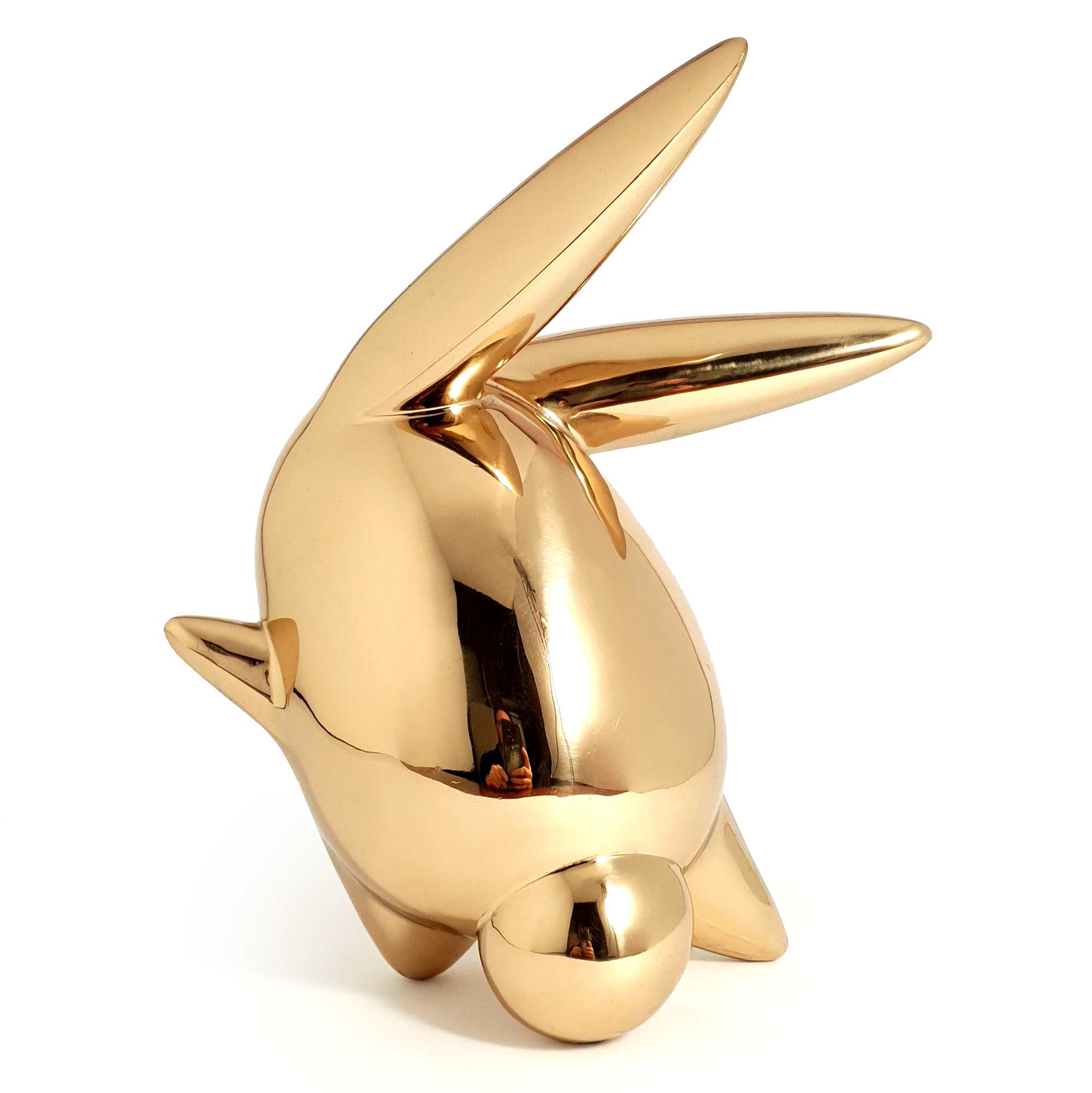 Flight or Fight, bunny rabbit sculpture, gold Mirror Polished Stainless Steel Sculpture, by artist Ferdi B Dick, back view