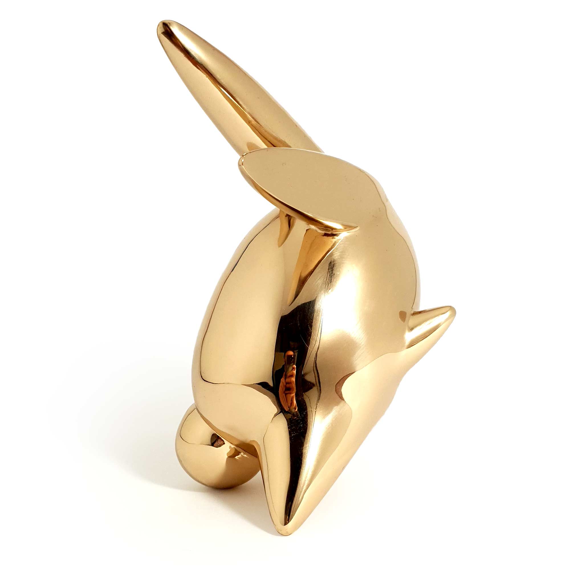 Flight or Fight, bunny rabbit sculpture, gold Mirror Polished Stainless Steel Sculpture, by artist Ferdi B Dick, back