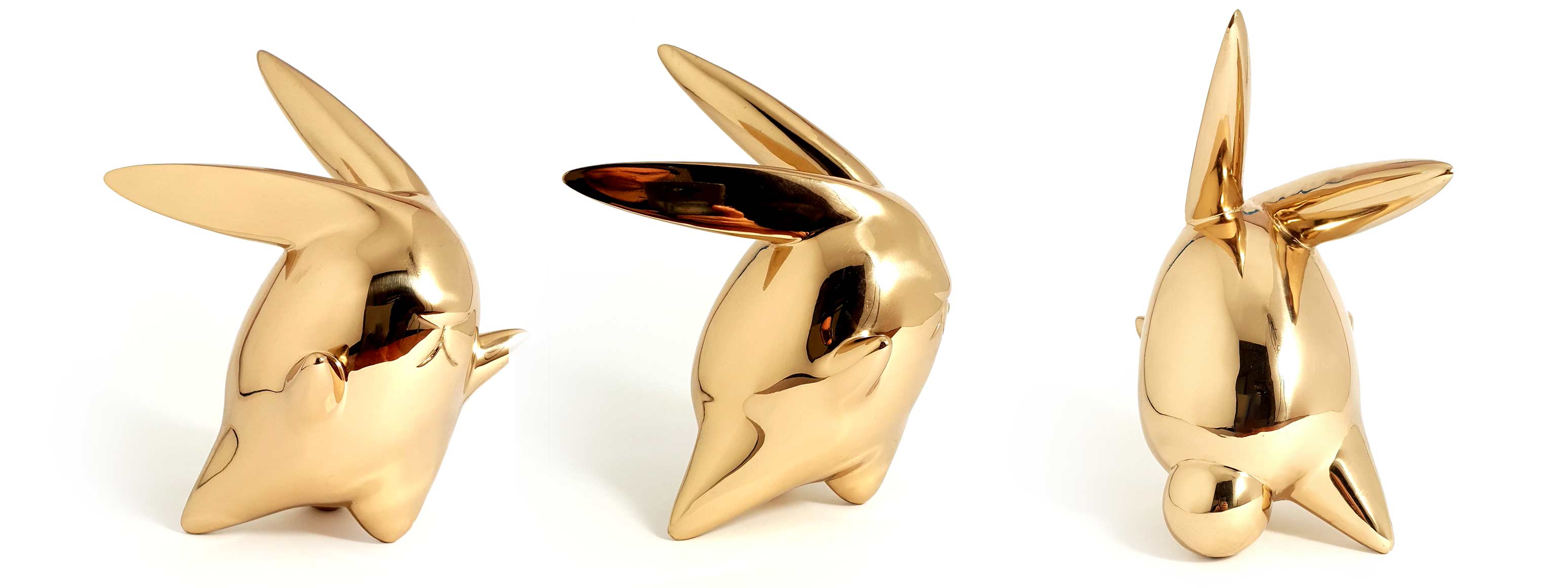 Flight or Fight, bunny rabbit sculpture, gold Mirror Polished Stainless Steel Sculpture, by artist Ferdi B Dick, banner 