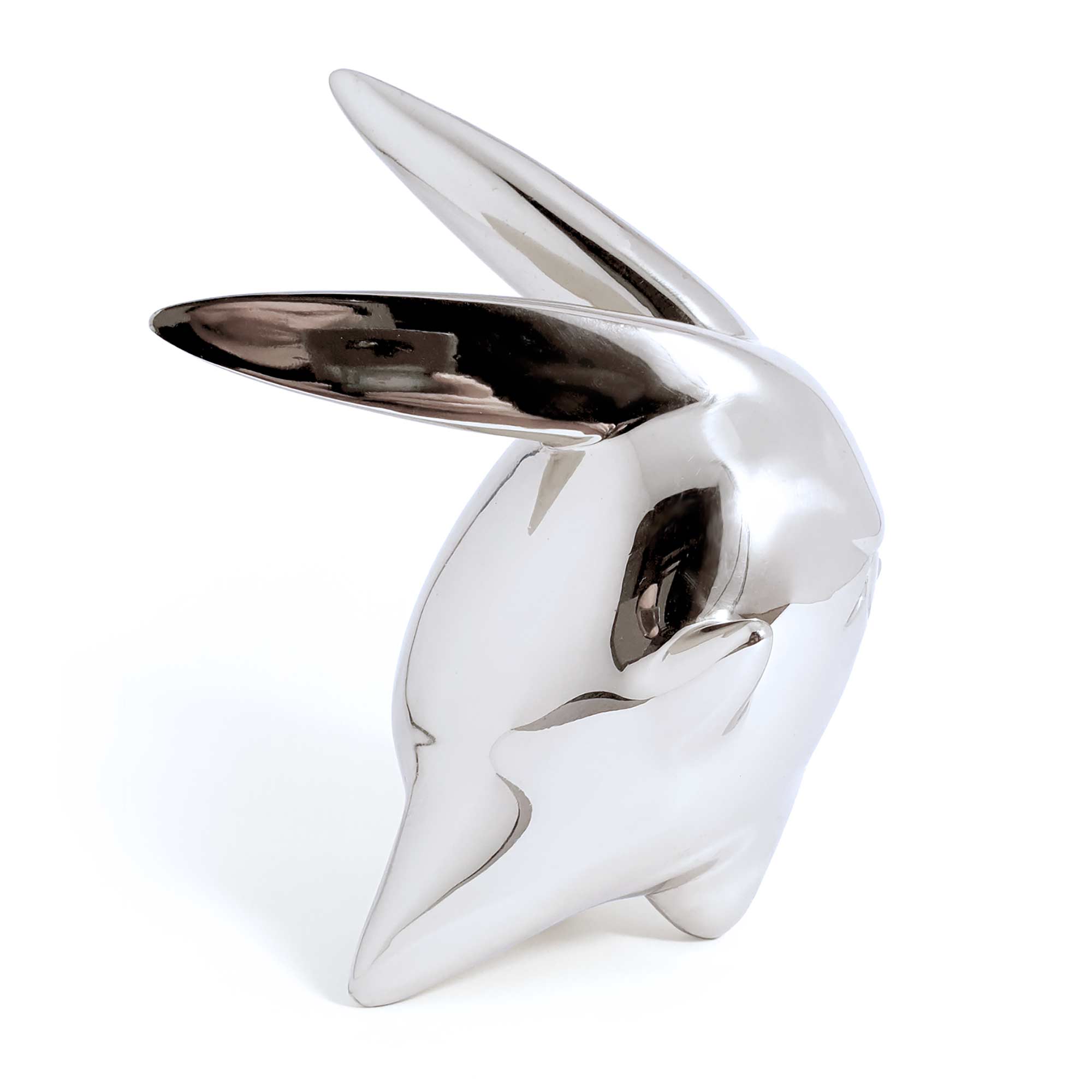 Flight or Fight, bunny rabbit sculpture, Mirror Polished Stainless Steel Sculpture, by artist Ferdi B Dick, side view