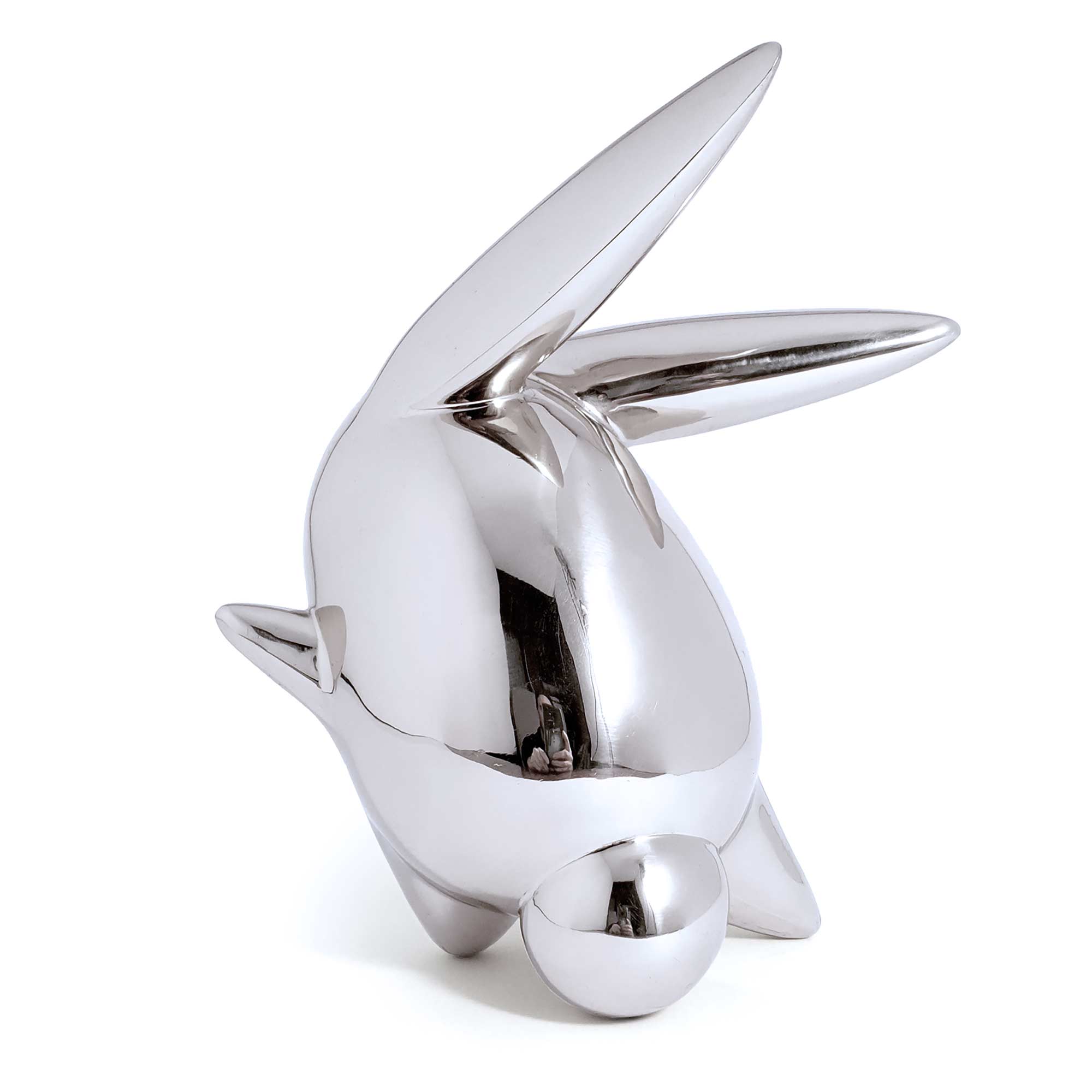 Flight or Fight, bunny rabbit sculpture, Mirror Polished Stainless Steel Sculpture, by artist Ferdi B Dick, back view 