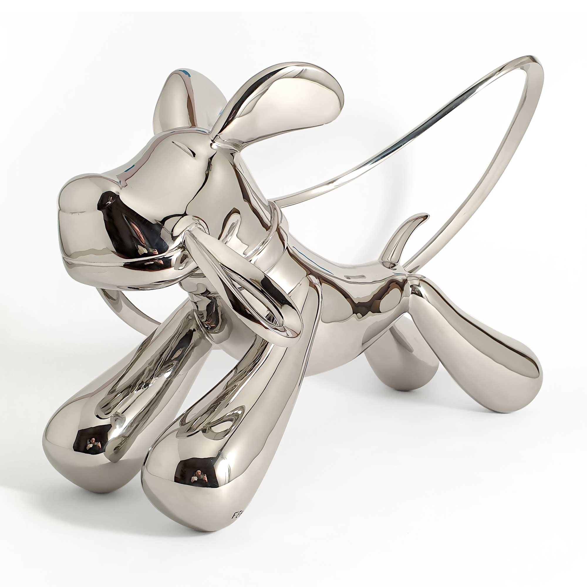 Taking the lead, dog sculpture, Mirror Polished Stainless Steel Sculpture, by artist Ferdi B Dick, 45 view