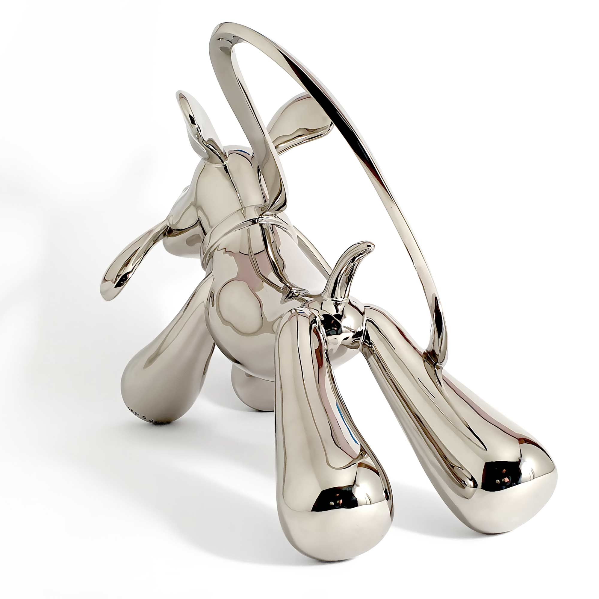 Taking the lead, dog sculpture, Mirror Polished Stainless Steel Sculpture, by artist Ferdi B Dick, back view